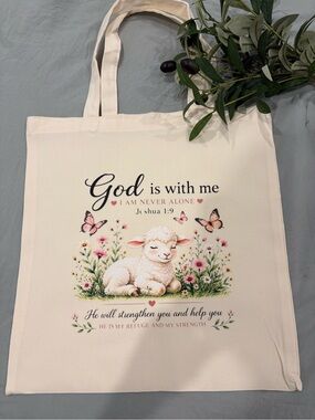 God Is With Me Cream Tote Bag with Lamb Print